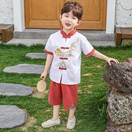小男孩中国风超仙国学唐装夏季新品中国龙唐装汉服刺绣套装表演服