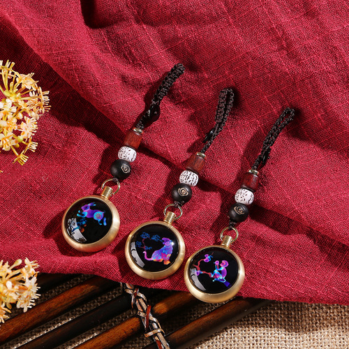 Retro brass zodiac handle piece with glazed luminous twelve zodiac signs handmade braided rope car keychain