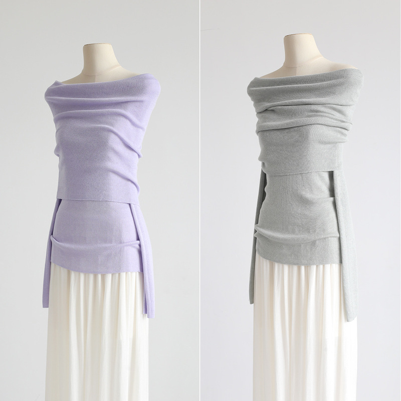 Autumn and winter French-style fashionable and sexy off-shoulder wool blend solid color knitted pullover with slim fit and long sleeves