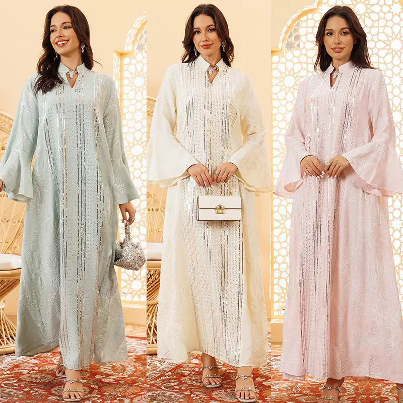 Новое мусульманское женское платье-халат для трансграничной торговли, элегантная длинная юбка с вышивкой пайетками, Дубай, Саудовская Аравия, Дубай