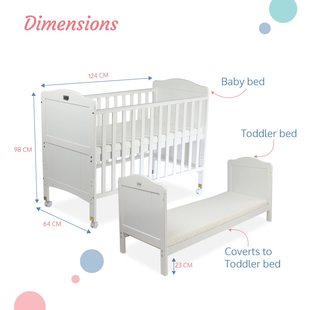 Wooden children's crib with 3 levels of height adjustment that can be converted into a low toddler bed made of pine wood for newborns