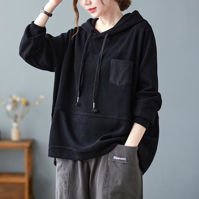 2022 Autumn New Style Retro Patchwork Hooded Sweatshirt with Pockets, Loose Fit, Plus Size, Versatile Top