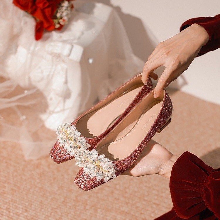 Foreign trade 2024 four seasons new thick heel square head applique high heels women's shoes shiny wedding shoes banquet shoes manufacturers wholesale