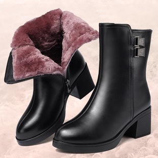 Winter Warm Wool Women's Boots, Real Soft Leather Short Boots, Fleece-Lined and Thickeneded Cotton Boots, Mid-Calf Boots, Mother's Cotton Shoes, Thick Heels