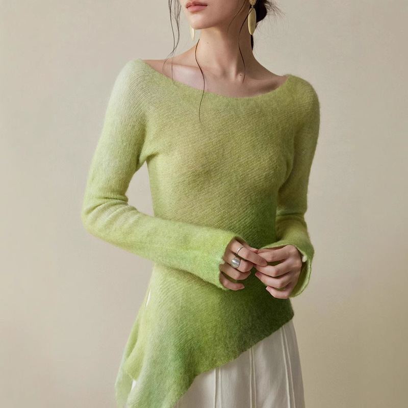 MURMURMI 25SS Designer Printed Asymmetric Skewed Sleeve Sweater Top