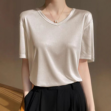 高端缎面醋酸T恤女五分袖夏薄款垂感宽松显瘦百搭气质圆领上衣