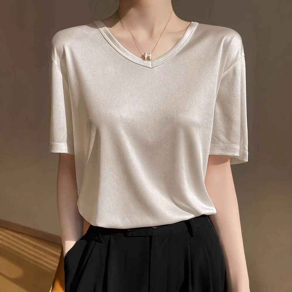 Элегантная женская футболка из высококачественного атласного ацетата, рукава до локтя, летний тонкий стиль, струящаяся, свободная, стройнящая, универсальная, с круглым вырезом.