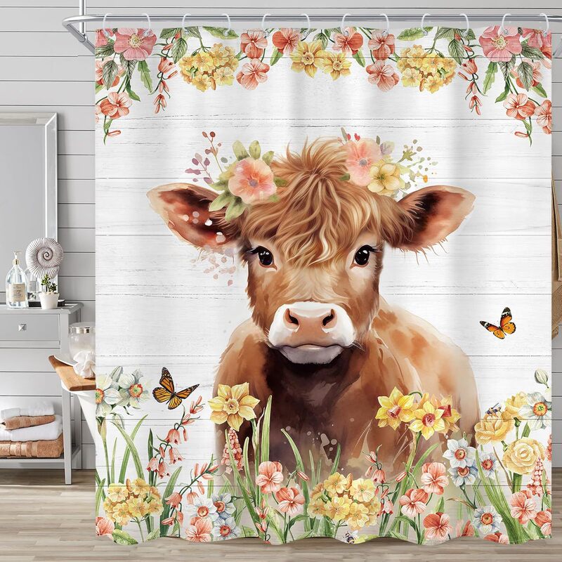 Cross-Border Farmhouse Highland Cow Shower Curtain Rustic Western Cute Bull Floral Willow Fun Bathroom Fabric