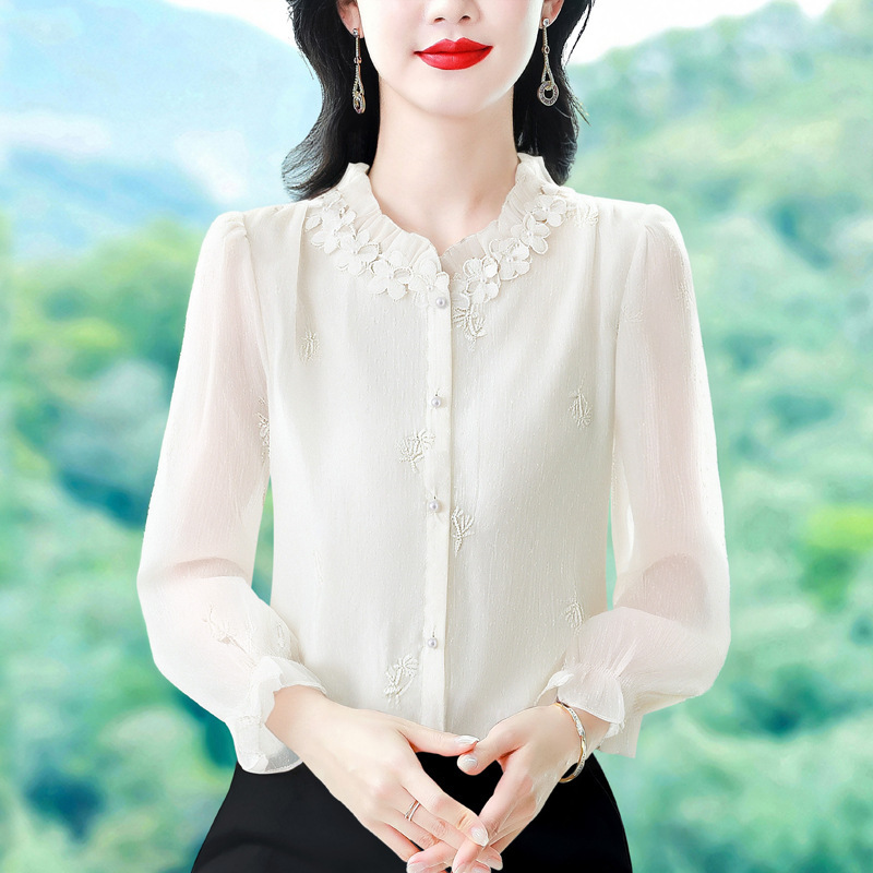 Wholesale Beaded Ruffle Stand Collar Long Sleeve Embroidered Shirt for Women, French Style Super Fairy Blouse Top