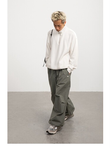 American Style Loose Straight Leg Sport Pants for Men with Elastic Waist, Fat Straight Leg Plain Color Ankle Air Pants Trendy
