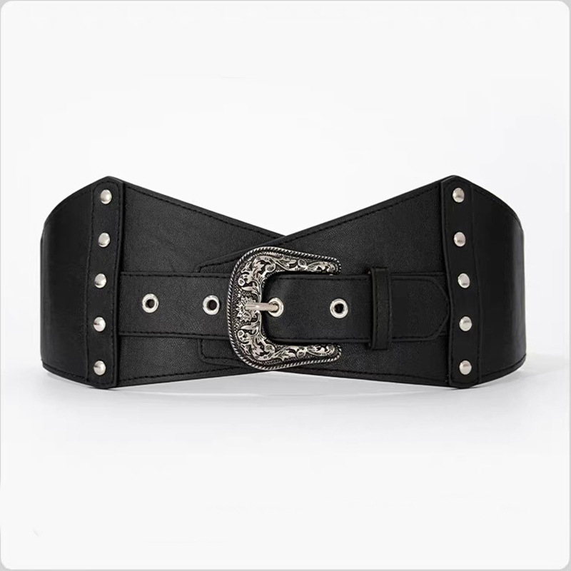 Snidad spänne lång kjolbälte kvinnors kjol elastiskt brett bälte retro snidad nit elastisk midjetätning_voghion.com