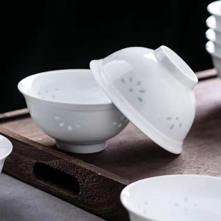 Rice Bowl, Plate, Household Combination Jingdezhen White Porcelain Exquisite High-End Tableware Underglaze Color Does Not Stick to Oil