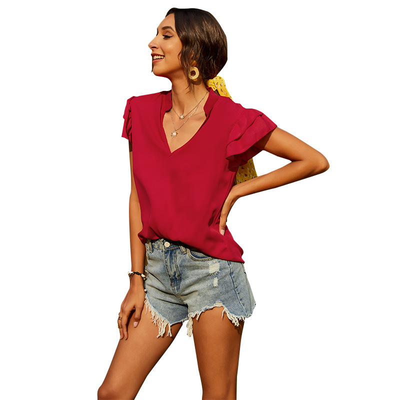 summer new hot style fashion short-sleeved V-neck solid color T-shirt NSMAN53280