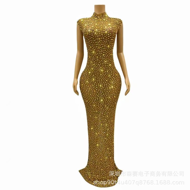 夏季新款晚礼服女长款钉钻修身显瘦舞会派对新娘结婚礼服连衣裙|undefined