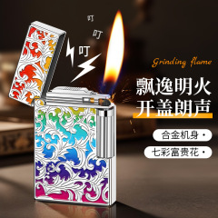 DK911七彩富贵花清脆朗声斜出火焰充气明火侧滑砂轮点火打火机