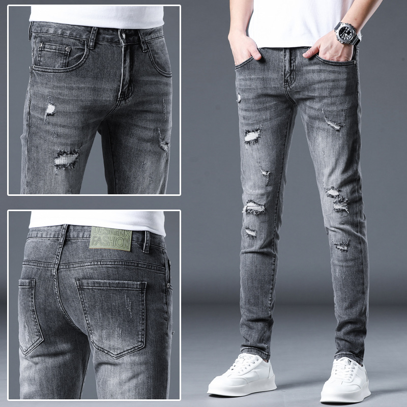 Xintang nuevo rasgado bordado jeans de estilo coreano de los hombres de moda estiramiento adelgazante Delgado casual pequeños pies pantalones largos hombres