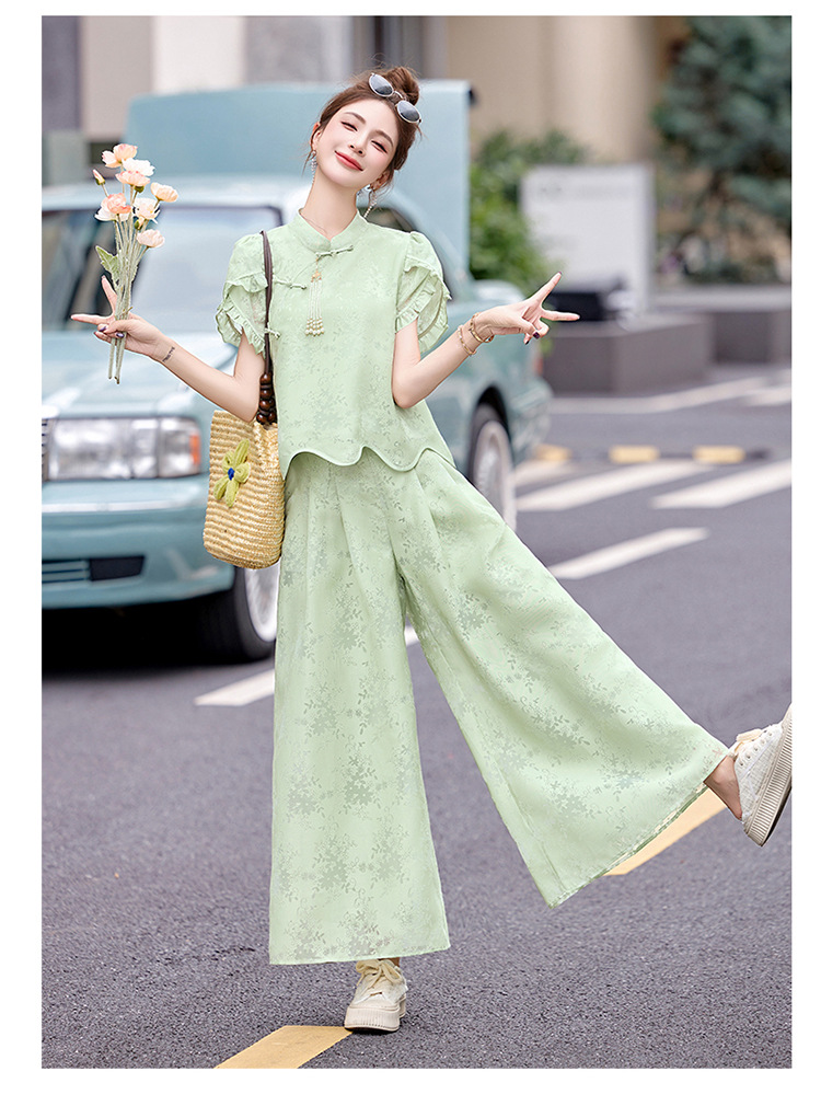 Bộ váy hai mảnh tay ngắn phong cách Trung Hoa cổ điển họa tiết jacquard mùa hè 2025 — Màu vàng be, Màu xanh lá chi tiết 19