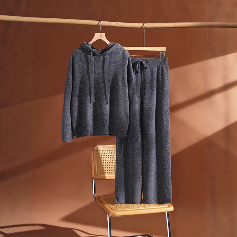 Wide-Leg Pants Two-Piece Suit Loose Pure Wool Sweater Women's Thickened Korean Style Heavy Casual Straight New Hooded Autumn and Winter
