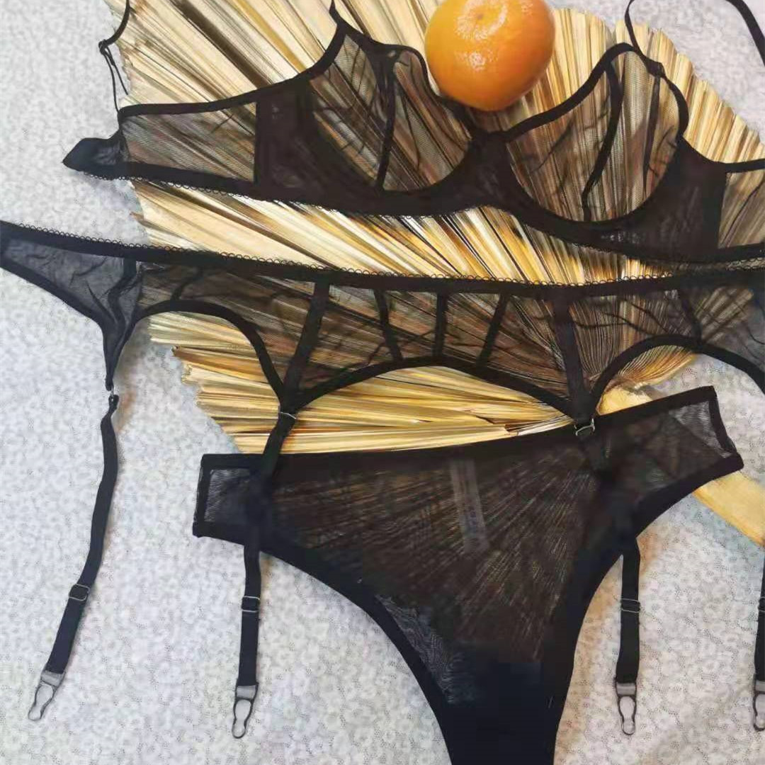 Nouvel ensemble de soutien-gorge sexy perspective, lingerie amusante pour femmes, soutien-gorge ultra-fin, porte-jarretelles, ensemble trois pièces_voghion.com