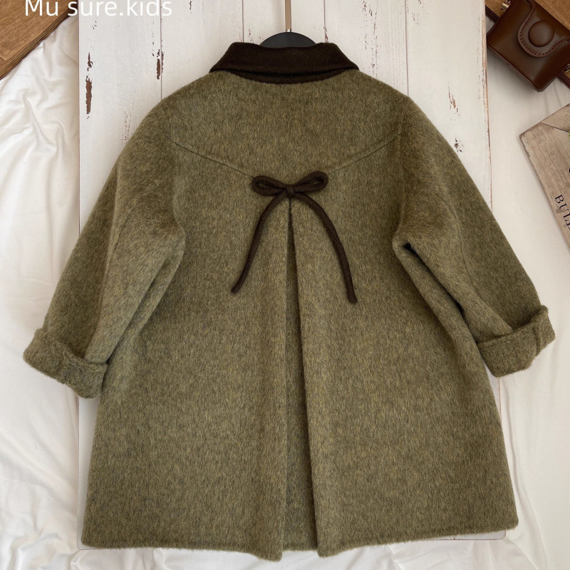Korean Children's Clothing Autumn and Winter New Retro Green Lapel Double-Sided Woolen Bow Coat for Girls Mid-Length Woolen Coat