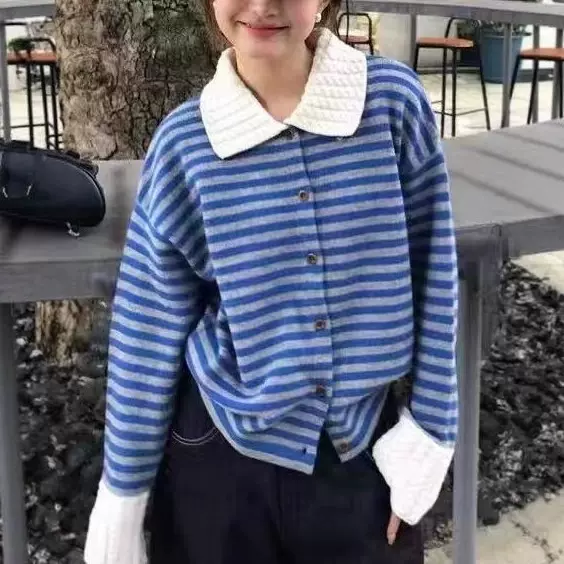 法式小香风 条纹翻领长袖宽松毛衣女装针织衫 拼色松弛感穿搭外套