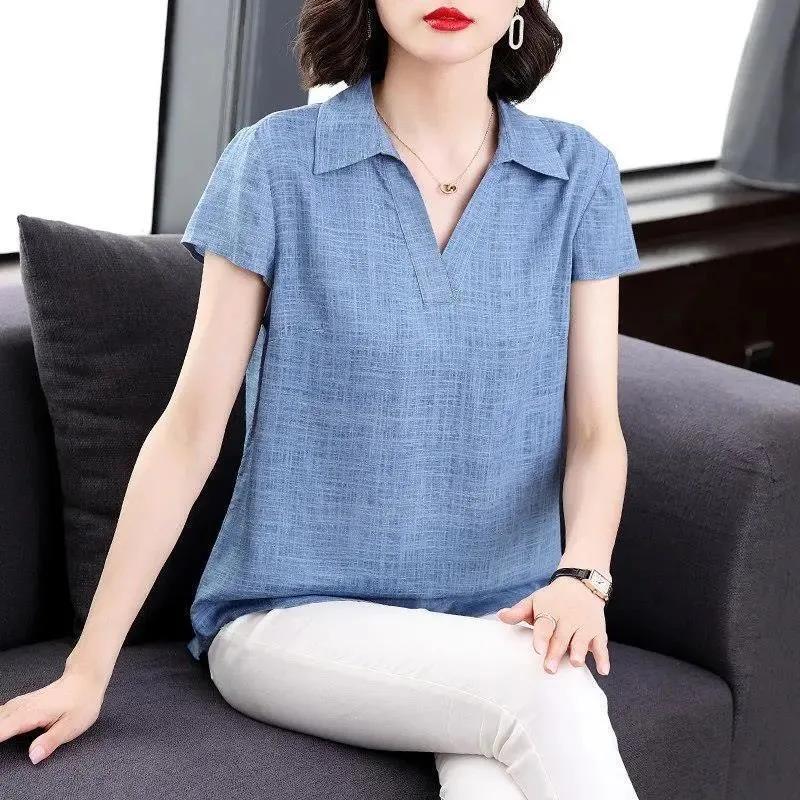 Cotton and linen shirt women's summer thin loose plus size chubby girl middle-aged mother belly covering slimming casual linen top