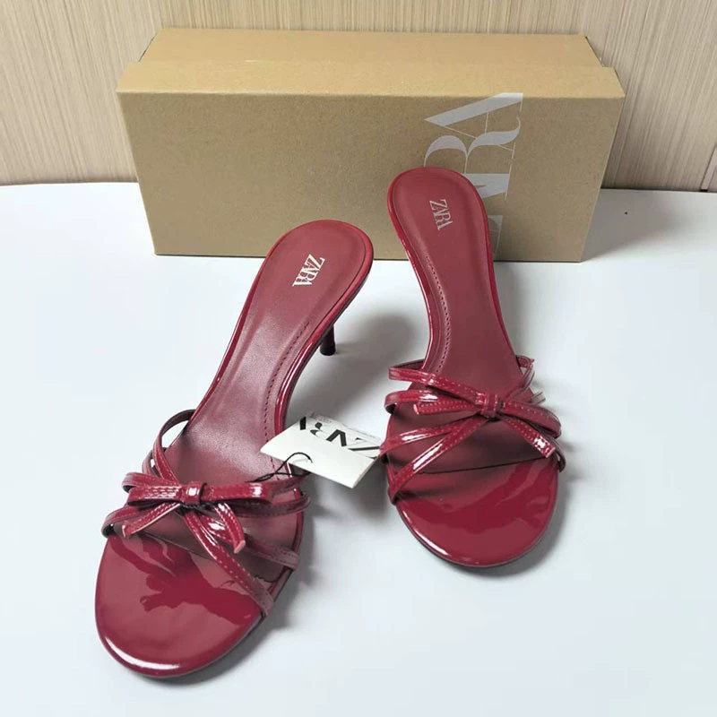 Фабрика ZA Sandals: Прямые продажи 2025 Новые красные босоножки на шпильке с круглым носком и ремешком, сексуальные модные босоножки с бантом для женщин
