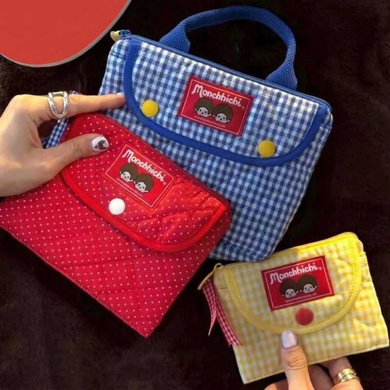 Japanese-Style Cartoon Cute Monchhichi Portable Makeup Bag Set, Three-Piece Storage Bag, Cute Plaid Coin Purse Japanese-Style Cartoon Cute Monchhichi Portable Makeup Bag Set, Three-Piece Storage Bag, Cute Plaid Coin Purse
