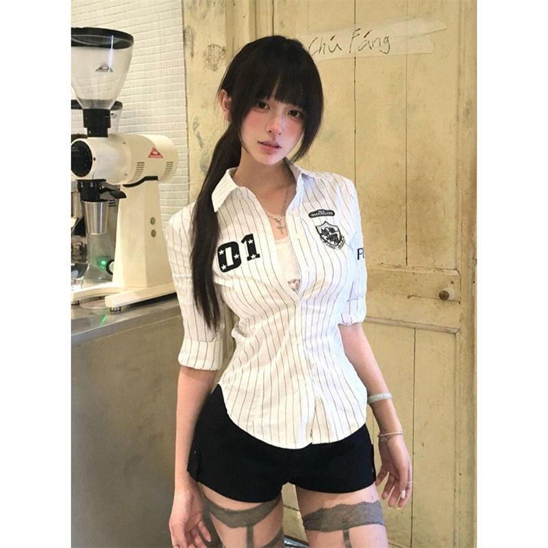 American Retro Black and White Striped Long-Sleeve Cropped Shirt for Women, Summer New Style, Waist-Cinching Slim-Fit Base Top, Trendy