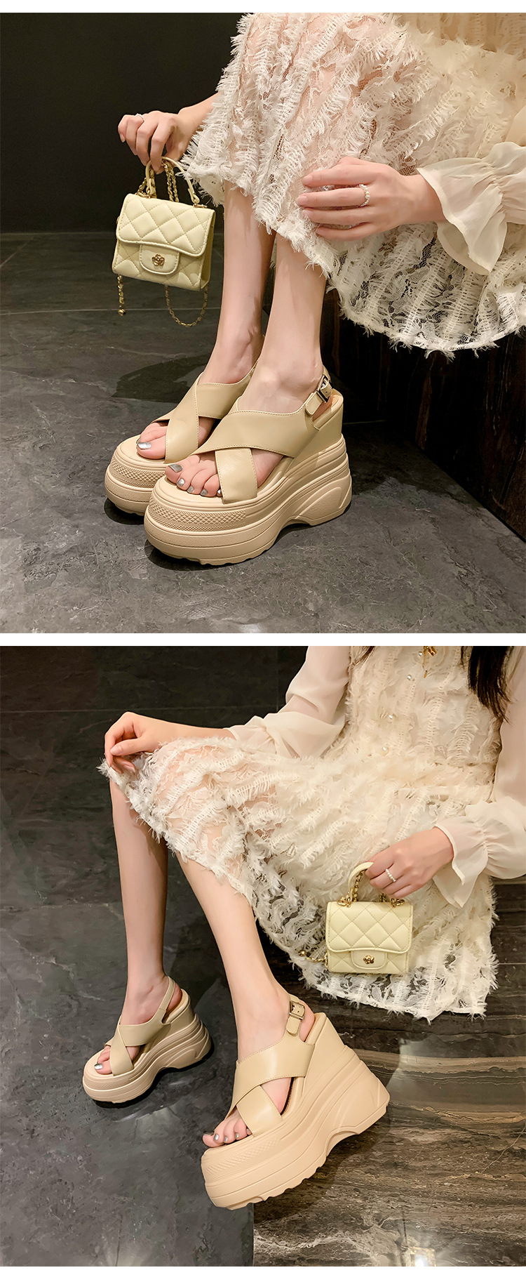 Sandal da bò hở mũi gót xuồng 14cm tăng chiều cao phong cách La Mã — Màu trắng, Màu mơ chi tiết 12