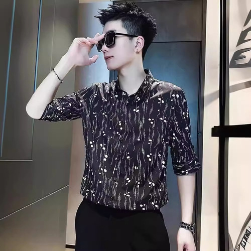 Light Luxury High-End Summer Ice Silk Men's Long-Sleeve Shirt, Thin Print Business Casual Men's Iron-Free Shirt