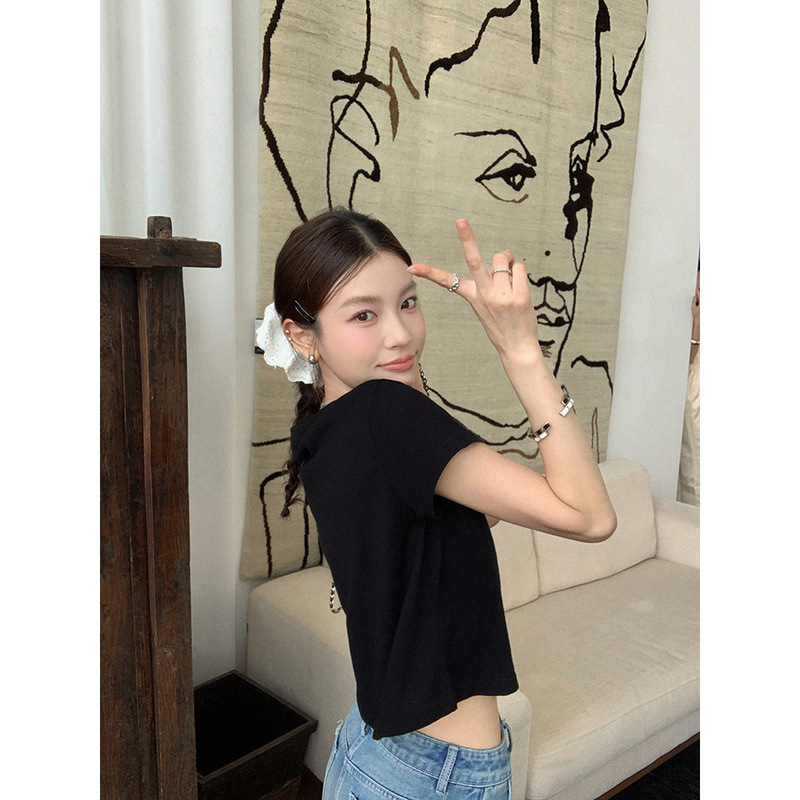 张贝贝ibell长绒棉基础纯色针织短t女正肩显瘦轻薄圆领短袖上衣夏|undefined