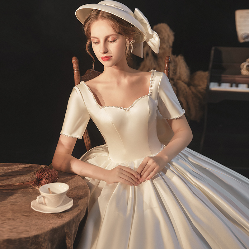 2024 nuevo vestido de novia de satén de las mujeres pequeño simple elegante adelgazar adelgazamiento nupcial boda arrastre temperamento hilo principal