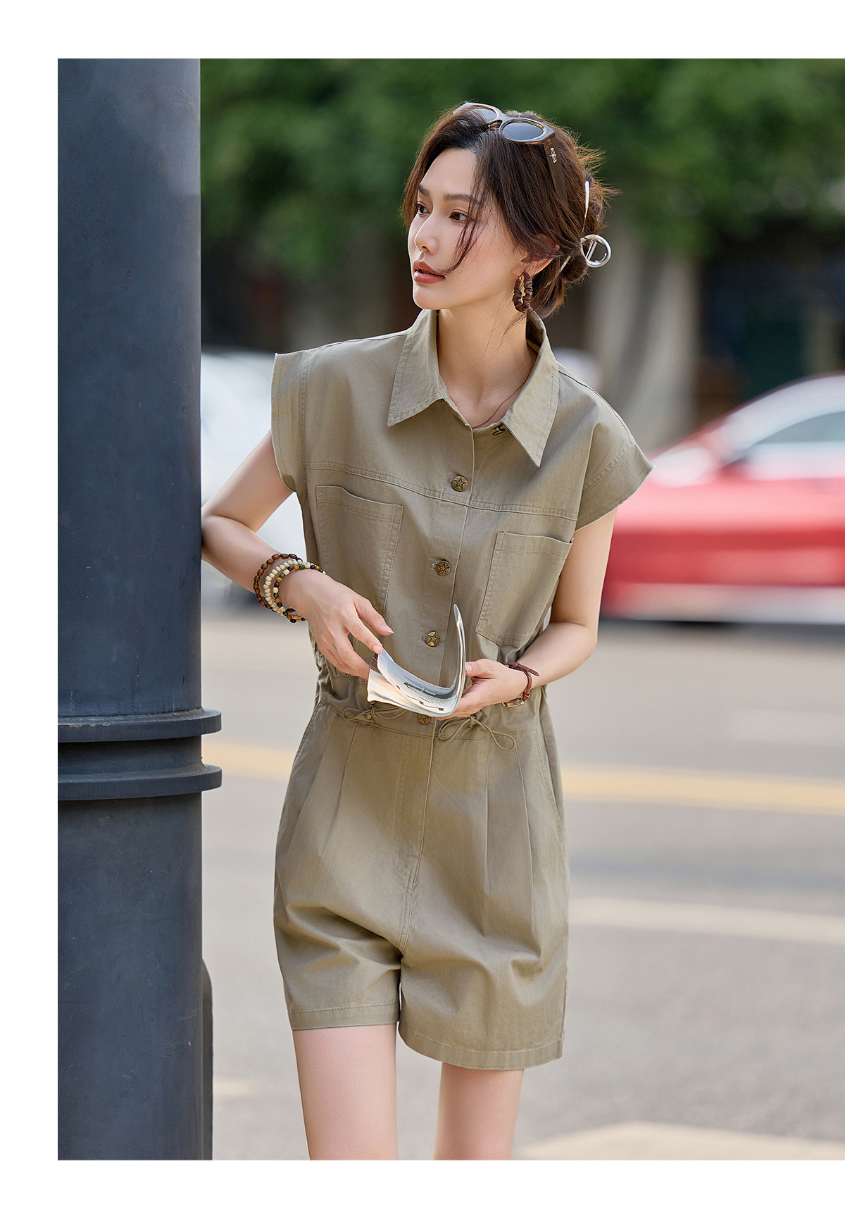 Jumpsuit nữ dáng suông tay ngắn phong cách công sở cổ điển — Quân đội xanh, màu kaki chi tiết 15
