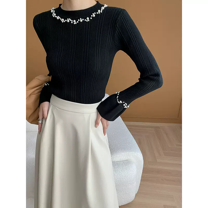 司南 时髦博主风格 氛围感钉珠喇叭袖正肩打底针织衫毛衣 SN5004