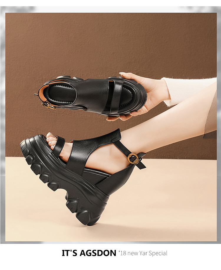 Giày sandal cao gót nữ hở mũi phong cách La Mã, đế xuồng cao 14 cm, da thật, gót vuông, quai mảnh — màu nâu, màu đen chi tiết 14