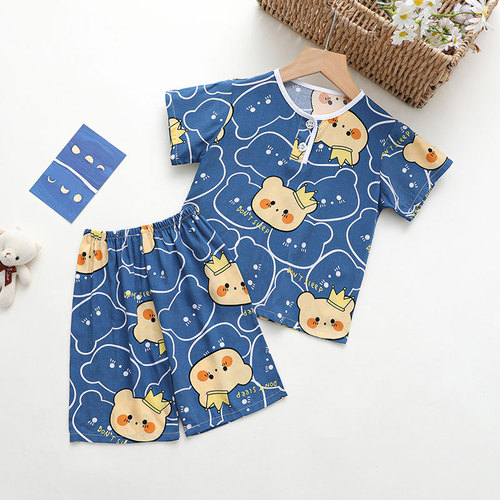 Children's Summer Pajama Set for Boys and Girls, Cotton Silk Home Wear Suit, Thin for Baby, Long Sleeve Air Conditioning Shorts