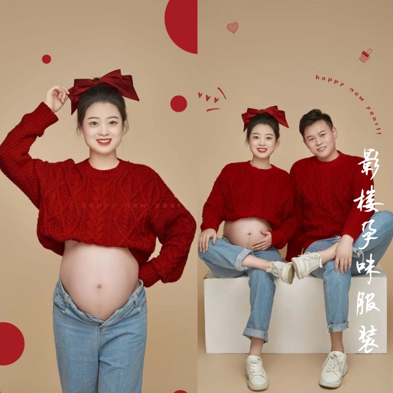 Couple pregnant women's photo clothes home cute fresh red sweater new studio Big Belly Art Photo Clothes Couple pregnant women's photo clothes home cute fresh red sweater new studio Big Belly Art Photo Clothes
