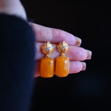 新天然蜜蜡耳钉通体S925银镀金镶嵌时尚简约大方气质女式款