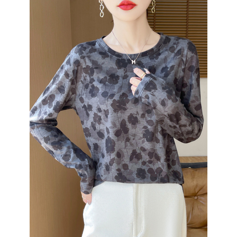 Spring and Autumn New Style Round Neck Ink Tie-Dye Thin Long Sleeve Printed Knitted Thin Bottoming Shirt Top for Women