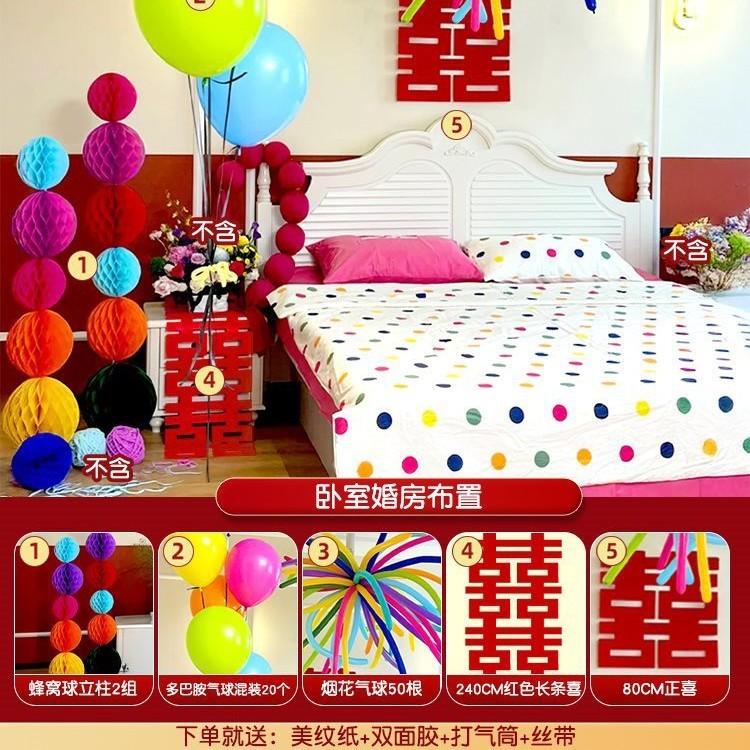 新中式醒狮女方卧室床头背景墙婚房布置氛围感结婚喜字装饰全装套|undefined