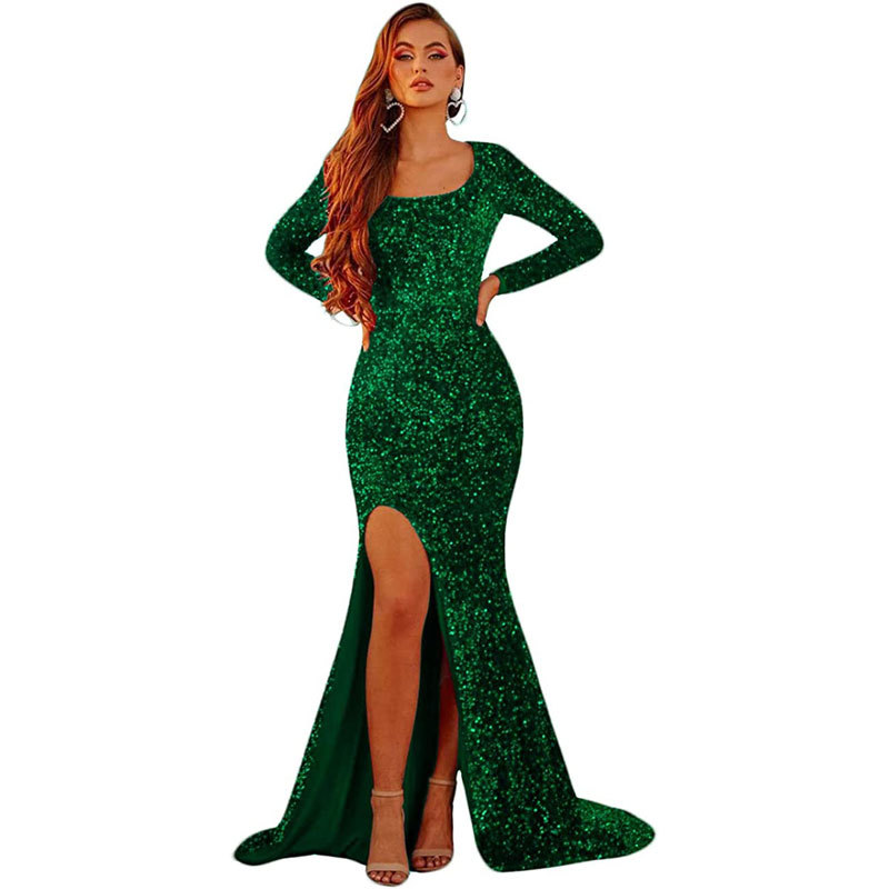 Women's Clothing new Muslim velvet sequined fishtail sexy slit banquet evening dress_voghion.com