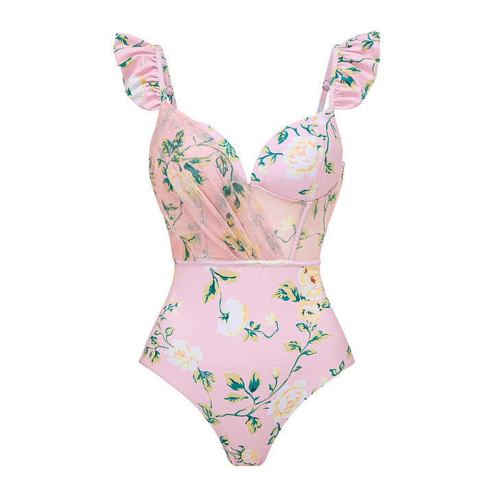 Süßes, rosafarbenes Bikini-Set mit Blumenmuster für Damen, verziert mit 3D-Kristallblumen. Sexy Strandbademode in regulärer Größe aus Polyester und Nylon._voghion.com