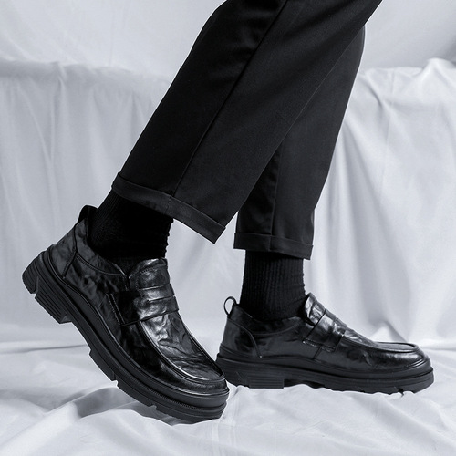 皮鞋男士新款潮流商务休闲鞋黑色大头鞋子厚底上班鞋91844-R