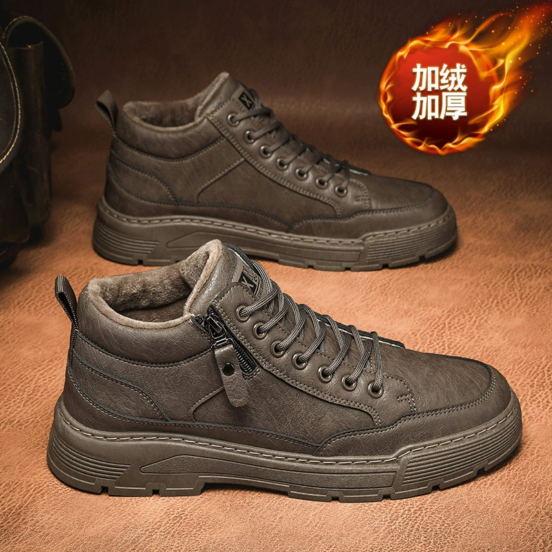 Мужская обувь зимой плюс бархат теплая хлопчатобумажная обувь повседневная кожаная обувь мужская ретро дикая мягкая подошва низкий Xuheng 6 сезон
