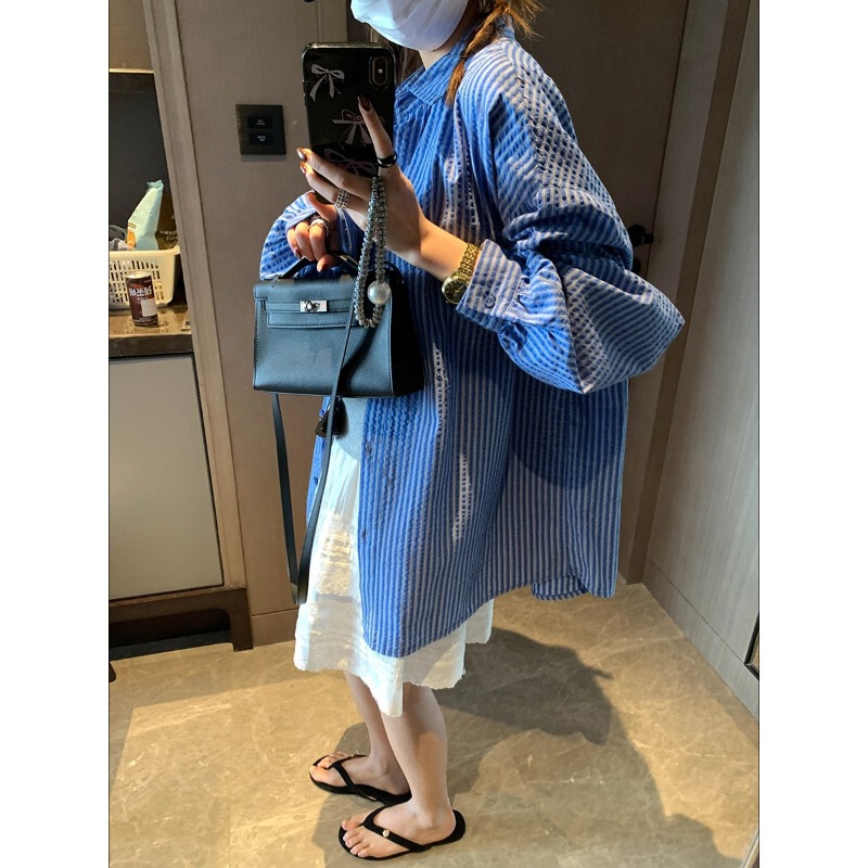 Moqie Niche Texture Design Side Slit Stylish Lapel Loose Slimming Cotton Striped Shirt Mq1167