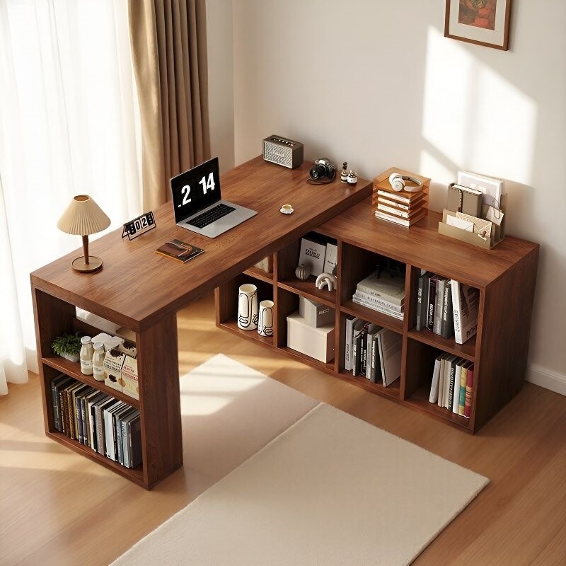 Solid Wood Corner Desk and Bookcase Integrated Table for Bedroom, Home Use, Student Dressing Table, L-Shaped Corner Computer Desk for Office