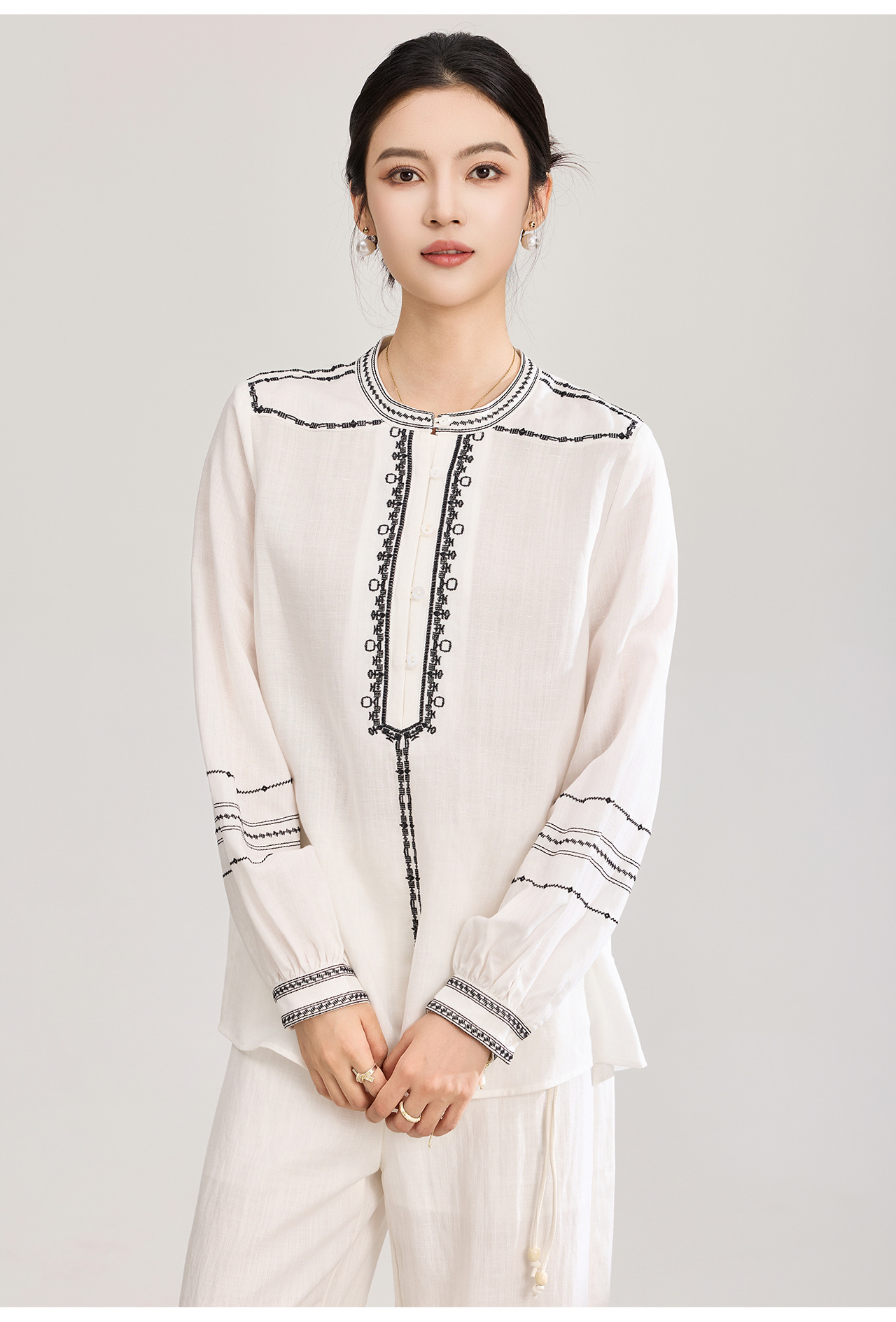 Áo sơ mi nữ chất liệu linen phối màu tay ngắn phong cách Pháp — màu xanh nhạt chi tiết 22