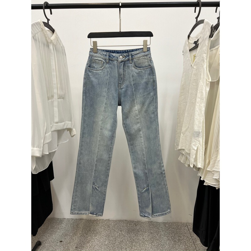 Tail Single Front Middle Line Vented Hem Design High Waist Straight Jeans