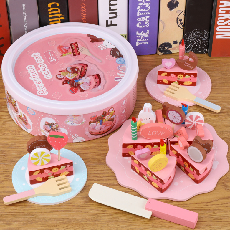 Los niños de madera de simulación de la torta taza de té tetera té de la tarde postre pastel de juguete jugar casa juego de té traje de juguete